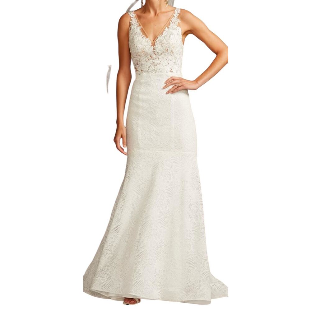 Melissa Sweet Ivory Lace V-Neck Trumpet Wedding Gown - Picture 1 of 16